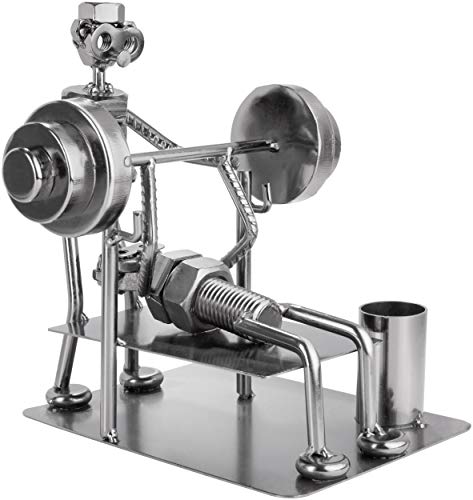 BRUBAKER Screw Man Bodybuilder Bench Press - Figura de Hierro Hecha a Mano Hombre de Metal - Figura de Metal con Soporte para Bolígrafo - Regalo para Deportes de Fuerza, Gimnasios, Atletas