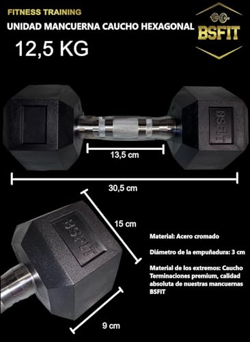 BSFIT® 1 Mancuerns Pesa, Dumbells hexagonales ergonómicas con empuñadura de Cromo y Revestimiento de Caucho de 12,5 kg X Unidad.…