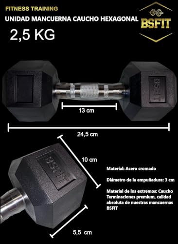 BSFIT® 1 Mancuerns pesa, dumbells hexagonales ergonómicas con empuñadura de cromo y revestimiento de caucho de 2,5 kg. X UNIDAD.…