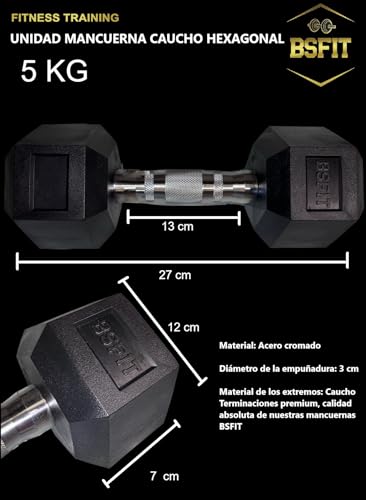 BSFIT® 1 Mancuerns pesa, dumbells hexagonales ergonómicas con empuñadura de cromo y revestimiento de caucho de 5 kg. X UNIDAD.…