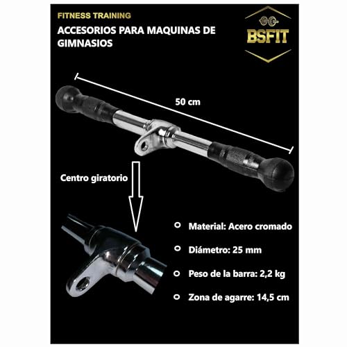 BSFIT® Agarres para Gym, Barra Triceps 50cm, poleas Gimnasio, Accesorios Gym, Accesorios para maquinas de gimnasios