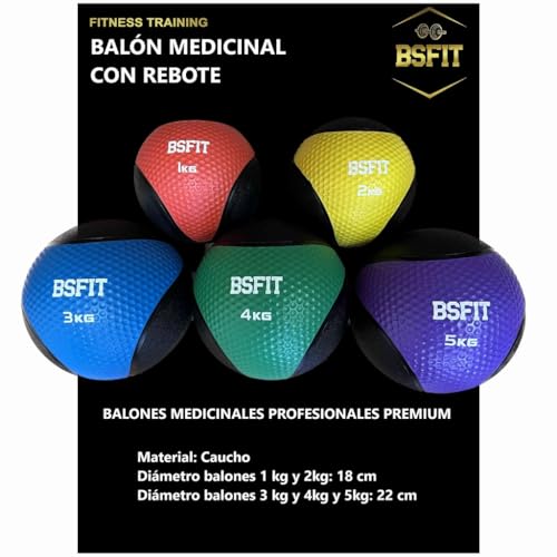 BSFIT® Balón Medicinal de Goma Pro – 1 kg Potencia Tus Rutinas con Esta Pelota con Rebote Medicinal - Balón Antideslizante para Levantamiento