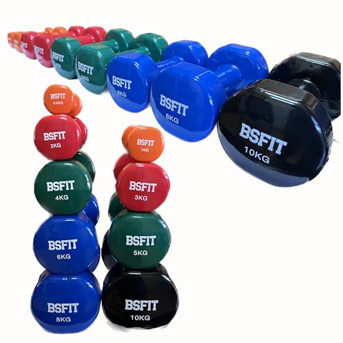 BSFIT® Juego de 2 Mancuernas Antideslizantes de Vinilo, de 10 kg con Diseño Hexagonal Anti-Rodadura, Ergonómicas, Pesas y Mancuernas para Gimnasio en Casa