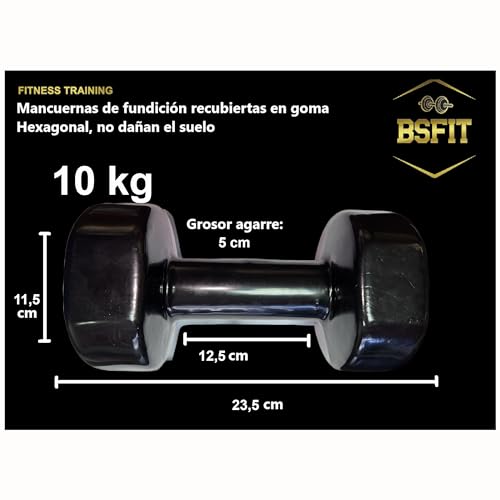 BSFIT® Juego de 2 Mancuernas Antideslizantes de Vinilo, de 10 kg con Diseño Hexagonal Anti-Rodadura, Ergonómicas, Pesas y Mancuernas para Gimnasio en Casa