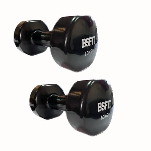 BSFIT® Juego de 2 Mancuernas Antideslizantes de Vinilo, de 10 kg con Diseño Hexagonal Anti-Rodadura, Ergonómicas, Pesas y Mancuernas para Gimnasio en Casa