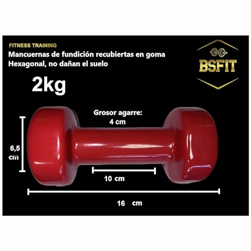 BSFIT® Juego de 2 Mancuernas Antideslizantes de vinilo, de 2 kg con Diseño Hexagonal Anti-Rodadura, Ergonómicas, Pesas y mancuernas para Gimnasio en Casa