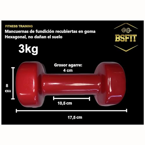 BSFIT® Juego de 2 Mancuernas Antideslizantes de vinilo, de 3 kg con Diseño Hexagonal Anti-Rodadura, Ergonómicas, Pesas y mancuernas para Gimnasio en Casa