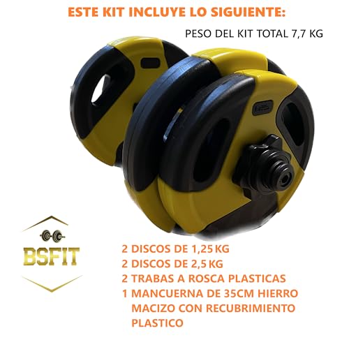 BSFIT® Kit 7 kg en discos Mancuerna Ajustables y Barra de Pesa para Casa o Gimnasio con Cerraduras de Estrella. Alcanza tu Potencial con Nuestras Pesas y mancuernas