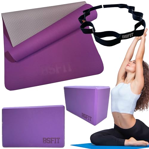 BSFIT® Kit Premium Yoga Pilates Incluye 1 Esterilla TPE de 4mm + 1 Cinta Estiramiento + 2 Bloques Bricks Ladrillos