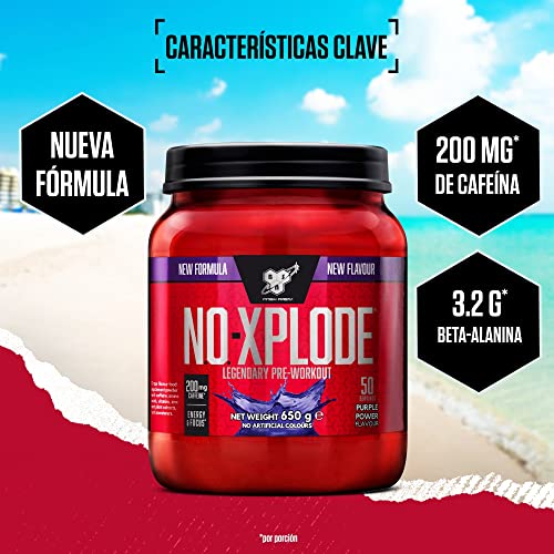 BSN Nutrition N.O.-Xplode Suplemento Alimenticio en Polvo, Apoyo de Energía y Concentración con Cafeína, Aminoácidos, Vitamina C y Zinc, Explosión Púrpura, 50 Porciones, 650 g