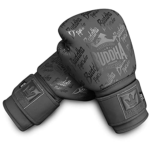 Buddha Fight Wear. Guantes de Entrenamiento y Combate, Special Edition, Fabricados a Mano, Boxeo, Muay Thai, Kick Boxing y MMA Modelo Top Premium Negro Mate 16 Onzas