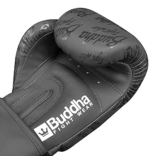 Buddha Fight Wear. Guantes de Entrenamiento y Combate, Special Edition, Fabricados a Mano, Boxeo, Muay Thai, Kick Boxing y MMA Modelo Top Premium Negro Mate 16 Onzas