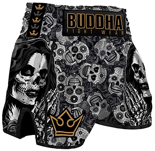 Buddha Fight Wear - Pantalón Muay Thai y Kick Boxing Modelo European Mexican - Tejido en Satén Premium - Nuevo Patrón Europeo - Gran adaptación a la morfología de Cada Luchador - Negro - Talla XL