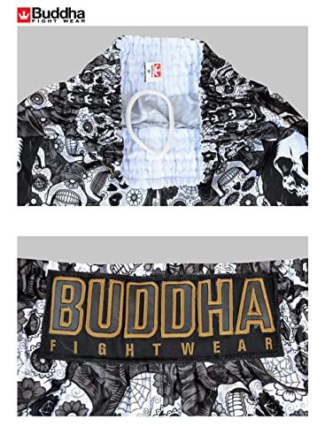 Buddha Fight Wear - Pantalón Muay Thai y Kick Boxing Modelo European Mexican - Tejido en Satén Premium - Nuevo Patrón Europeo - Gran adaptación a la morfología de Cada Luchador - Negro - Talla XXL