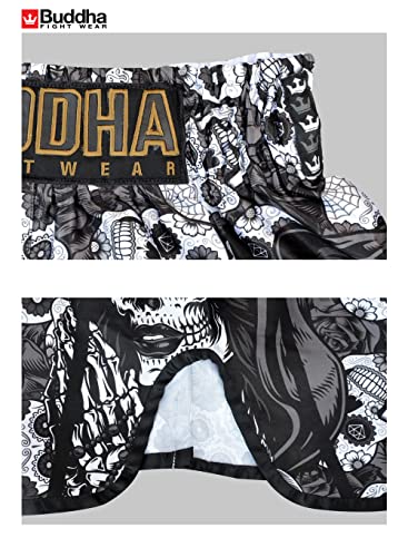 Buddha Fight Wear - Pantalón Muay Thai y Kick Boxing Modelo European Mexican - Tejido en Satén Premium - Nuevo Patrón Europeo - Gran adaptación a la morfología de Cada Luchador - Negro - Talla XXL