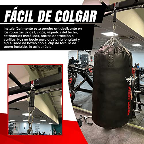 BULL DOZA FIGHT WEAR Correa/Eslinga para Saco de Boxeo - Gancho para Saco de Boxeo con mosquetón de Tornillo de Acero de 9 mm - con Capacidad de sujeción de 500 Libras (Negro) (3 pies (91 cm))