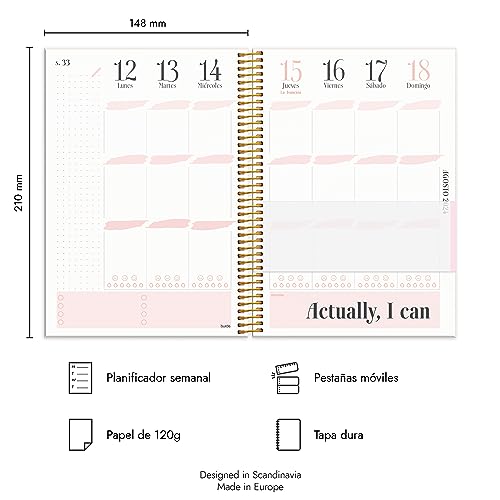 Burde Agenda 2024 - Agenda semanal | De diciembre de 2023 a enero de 2025 | Vista semanal | En español | Formato A5 | Life Planner Pink