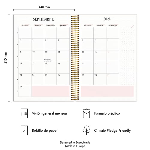 Burde Agenda 2024 - Agenda semanal | De diciembre de 2023 a enero de 2025 | Vista semanal | En español | Formato A5 | Life Planner Pink