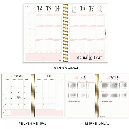 Burde Agenda 2024 - Agenda semanal | De diciembre de 2023 a enero de 2025 | Vista semanal | En español | Formato A5 | Life Planner Pink
