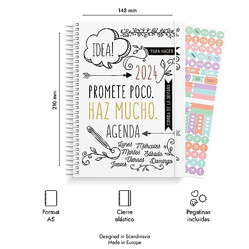 Burde Agenda Doodle 2024 | Agenda semanal 2024 | Formato A5 21 cm x 15 cm | Vista semanal | Incluye 142 pegatinas | En español Doodle