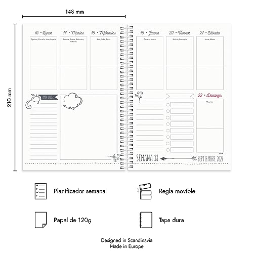 Burde Agenda Doodle 2024 | Agenda semanal 2024 | Formato A5 21 cm x 15 cm | Vista semanal | Incluye 142 pegatinas | En español Doodle