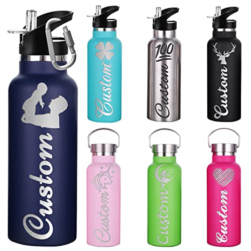 Busparst Botellas de Agua Personalizadas Aisladas con Pajita Botella de Agua Deportiva Grabada Personalizada con Nombre Botella de Agua de Acero Inoxidable Personalizada para NiñAs Y NiñOs