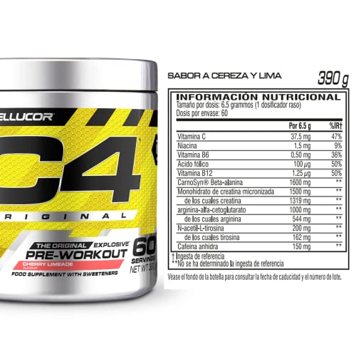 C4 Original - Suplemento en polvo para preentrenamiento - Lima y cereza | Bebida energética para antes de entrenar | 150 mg de cafeína + beta alanina + monohidrato de creatina | 60 raciones