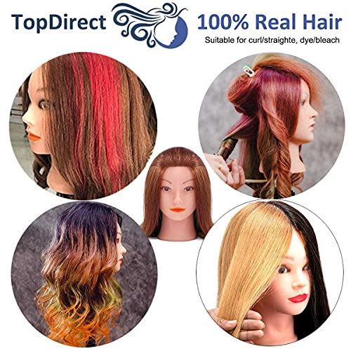 Cabeza de Maniquí, TopDirect 18" 100% Cabello Humano Real Practicas Formación Muñeca de la Cosmetología para Peluquería, Cabeza de Muñeca con Soporte de Mesa + Accesorios de Peinado