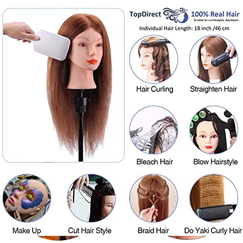 Cabeza de Maniquí, TopDirect 18" 100% Cabello Humano Real Practicas Formación Muñeca de la Cosmetología para Peluquería, Cabeza de Muñeca con Soporte de Mesa + Accesorios de Peinado