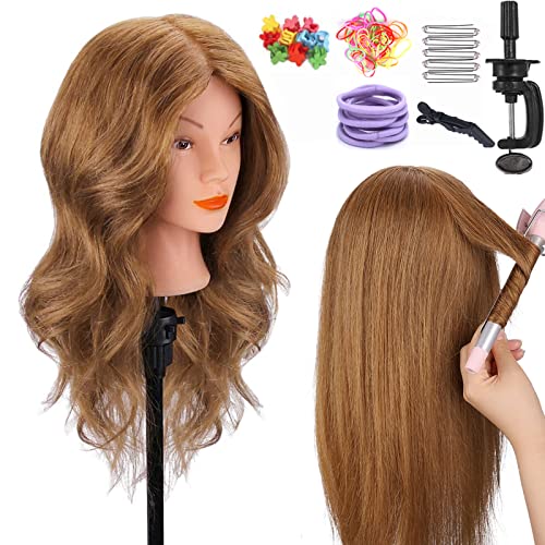 Cabeza Peluqueria Pelo Natural, MYSWEETY 100% Cabello Humano 18" Cabeza Maniqui Marrón Claro Maniquí Peluquería Pelo Natural para Plancha, Rizador, Practicar Todo Tipo de Peinados, Curso de Peliqueria