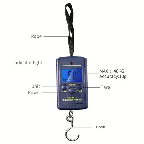 CABLEPELADO Bascula Digital LCD de mano para colgar equipaje, Báscula Portátil para Equipaje, Báscula Portátil para Equipaje, Capacidad de peso 40Kg, Precisión 10g, Pantalla LCD, Medidas en Kg y Lb