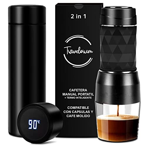 Cafetera Portatil Capsulas Nespresso y Café Molido + Termo Inteligente Agua Caliente, Cafetera manual individual 2 en 1 de viaje con Termo. Set Maquina Cafe y Termo.