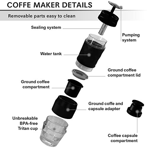 Cafetera Portatil Capsulas Nespresso y Café Molido + Termo Inteligente Agua Caliente, Cafetera manual individual 2 en 1 de viaje con Termo. Set Maquina Cafe y Termo.