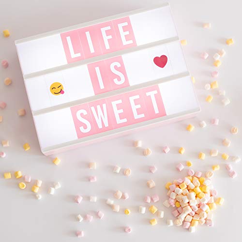 Caja de Luz A4 Rosa con 400 Letras, Divertidos Emojis y 2 Rotuladores | Ñ y Ç Incluidas| Cartel Luminoso LED Ideal para Decoración Hogar, Habitación, Oficina | Regalo Original para Niñas, Mujeres