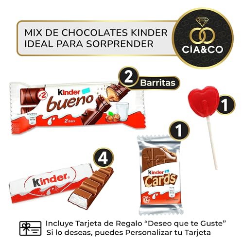 Cajita Regalo Original con 17 Chocolates Kinder Bueno, Kinder Cards, Twix, Mars, Kit Kat, Huesitos, Galleta Lotus Biscoff y Mucho Más · Con Tarjeta Personalizada