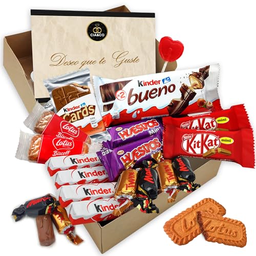 Cajita Regalo Original con 17 Chocolates Kinder Bueno, Kinder Cards, Twix, Mars, Kit Kat, Huesitos, Galleta Lotus Biscoff y Mucho Más · Con Tarjeta Personalizada