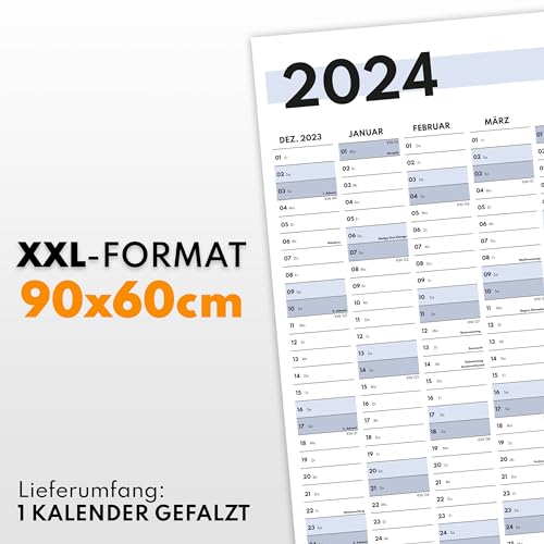 Calendario de pared XXL 2024 grande (90 x 60 cm), planificador anual 2024 horizontal como calendario para la pared, calendario anual para 14 meses con resumen de vacaciones, calendario plegado para la