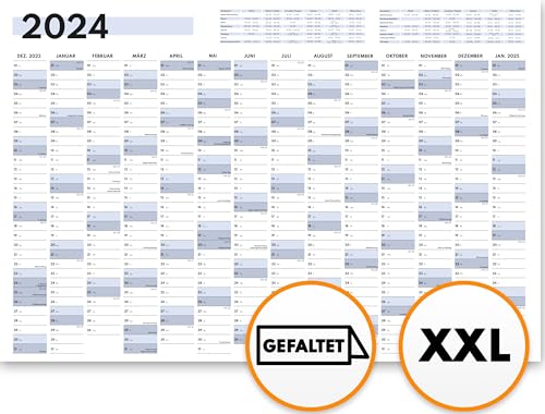 Calendario de pared XXL 2024 grande (90 x 60 cm), planificador anual 2024 horizontal como calendario para la pared, calendario anual para 14 meses con resumen de vacaciones, calendario plegado para la