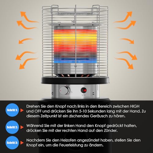 Calentador de terraza, Calefactor de Gas de 6,5 kW, Calefactor Radiante de Gas con cubierta protectora, Calefactor de Patio con encendido piezoeléctrico, Calefactor con ruedas, Negro