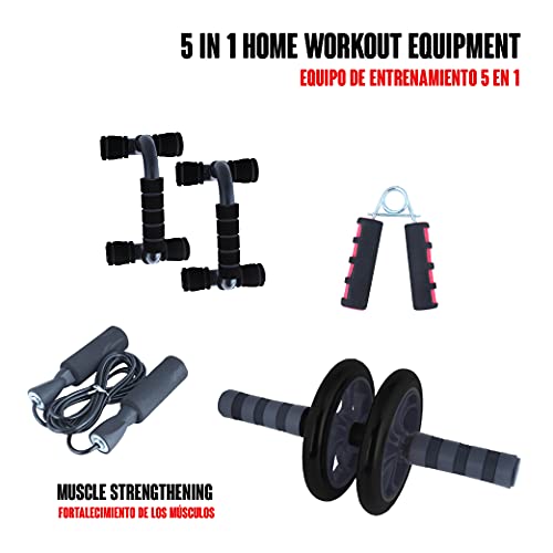 Calma Dragon CDR5e1 Rueda Abdominal, Rodillo Abdominal AB Wheel Set de Ejercicio en Casa 5 en 1, Fortalecedores de Manos, Cuerda de Saltar, Gimnasio Fitness en el Hogar, Juego de Ejercicio(Negro)