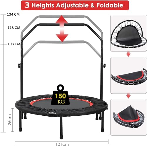 Cama elástica de interior de 101 cm de diámetro, plegable, para adultos y niños, capacidad de carga de 150 kg, altura de pasamanos ajustable, entrenamiento de resistencia, color negro