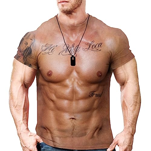 Camiseta Camiseta 3D para Hombre, Camiseta De Tatuaje Muscular con Simulación De Culturismo, Camiseta Informal con Piel Desnuda, Pecho, Músculo, Divertido, Manga Corta-Mi_SG