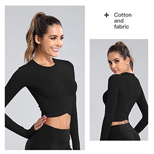 Camiseta Deportiva Corta de Manga Larga para Mujer Camisas Sin Costuras con Orificio para el Pulgar Yoga Crop Top de Running para Correr Fitness