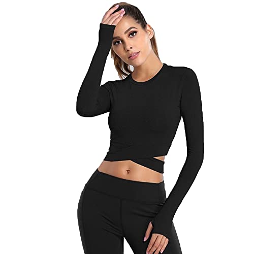 Camiseta Deportiva Corta de Manga Larga para Mujer Camisas Sin Costuras con Orificio para el Pulgar Yoga Crop Top de Running para Correr Fitness