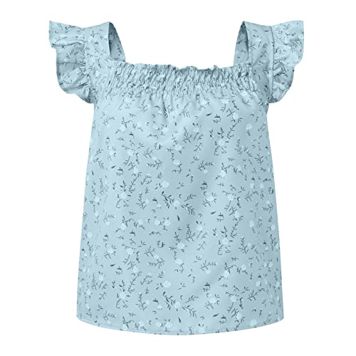 Camiseta sin mangas con estampado floral para mujer con cuello cuadrado sobre volantes, marrón claro, XL