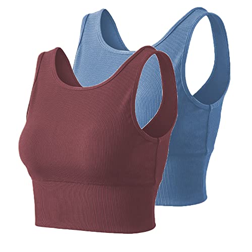 Camiseta sin mangas de entrenamiento para mujer, camiseta sin mangas sólida y cómoda para deportes, fitness, yoga, reversible, acanalada, Azul/Marrón, Medium