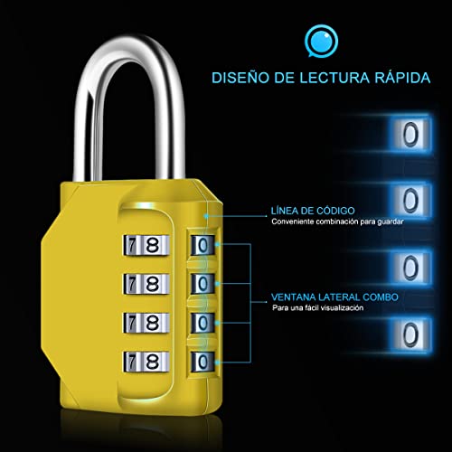 Candado Combinacion, Diyife Impermeable Candado Taquilla, Candado Seguridad 4 Dígitos, Candado para El Casillero del Gimnasio Escolar, Archivadores, Caja De Herramientas,Cerca, Cerrojo(Amarillo)