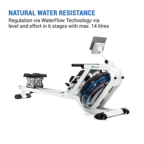 CAPITAL SPORTS Flow M2 - Máquina de Remo de Agua, Máquina de Remo Profesional, 80 cm de Largo, Ordenador con Pantalla LCD, Soporte para tabletas, Aluminio y Acero, 6 Niveles/máx. 14 litros, Blanco