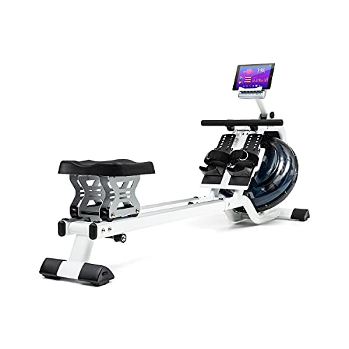 CAPITAL SPORTS Flow M2 - Máquina de Remo de Agua, Máquina de Remo Profesional, 80 cm de Largo, Ordenador con Pantalla LCD, Soporte para tabletas, Aluminio y Acero, 6 Niveles/máx. 14 litros, Blanco