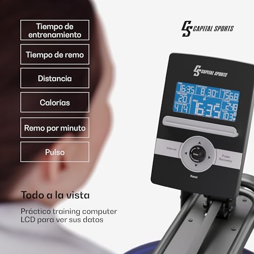 Capital Sports Maquina de Remo para Casan14L, Aparatos para Hacer Ejercicio Casa, Maquina Gimnasio 8 Niveles Resistencia y Altura Ajustable, Remo Fitness 134 cm Slide Rail, Soporte Tablet, Bluetooth